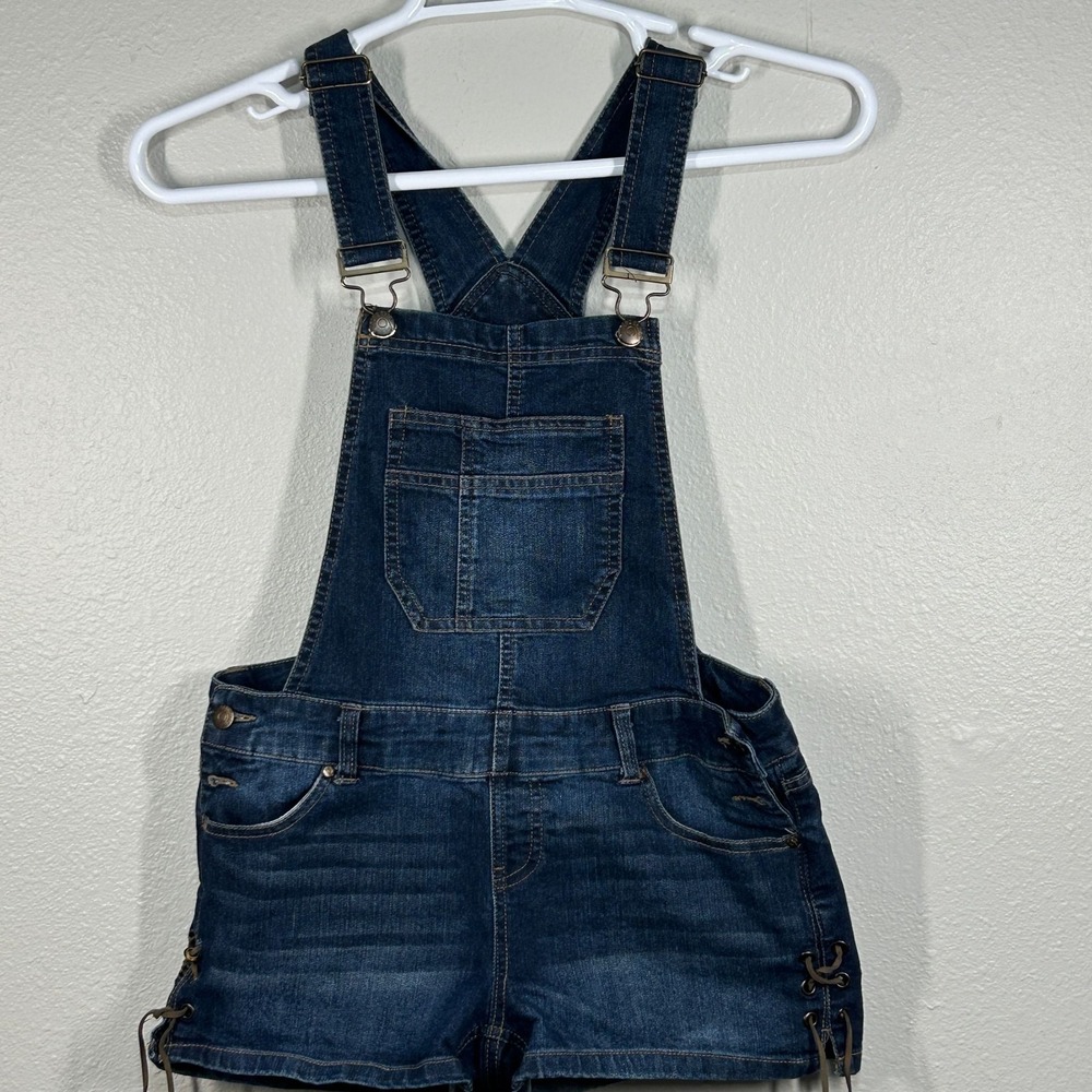 Blue Spice Overalls Womens 9 Denim Shortalls Lace Up Sides Dark Wash Adjustable